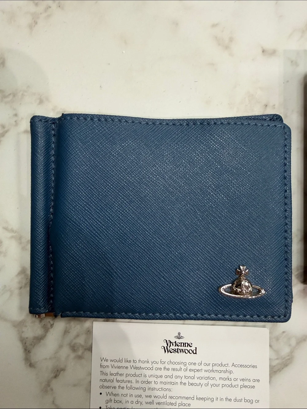Vivienne Westwood Navy Blue Leather Money Clip Wallet with Orb Logo